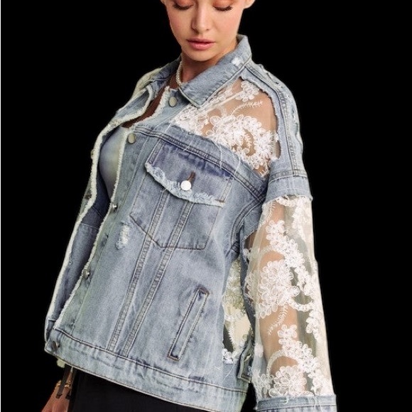 DAVI & DANI Denim Jacket with Lace Detail - Picture 5 of 9